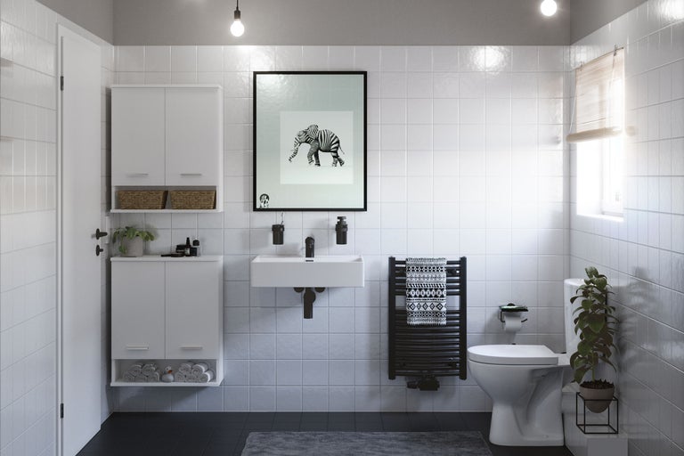 Badkamer met witte meubels, toilet, wastafel en decoraties