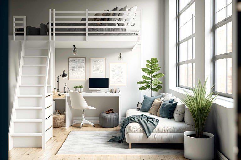 Lichte kamer met hoogslaper, bureau, bank en kamerplanten.