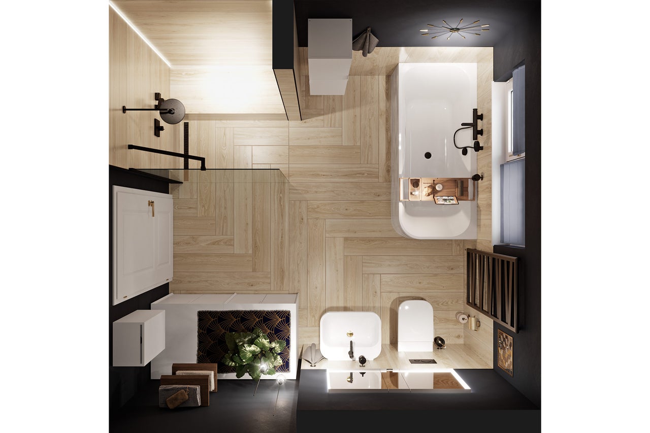 Moderne, georganiseerde badkamer van bovenaf gezien met douche, bad, wastafel en toilet. Vloer met houtlook tegels in visgraatpatroon.