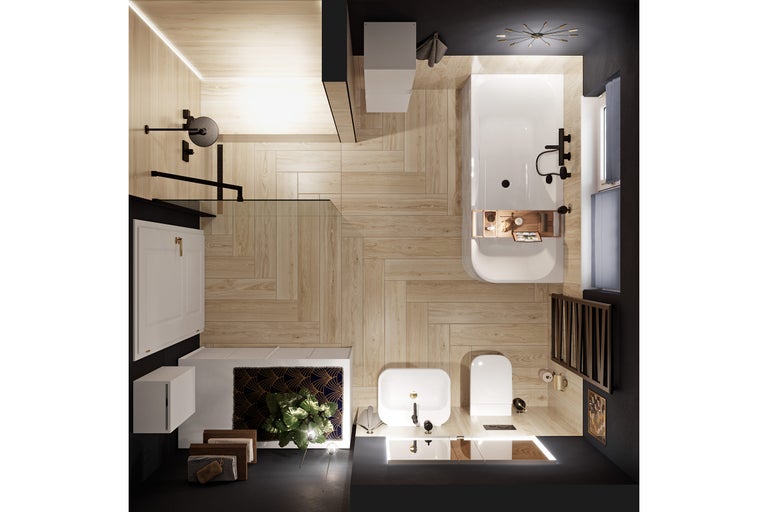 Moderne, georganiseerde badkamer van bovenaf gezien met douche, bad, wastafel en toilet. Vloer met houtlook tegels in visgraatpatroon.