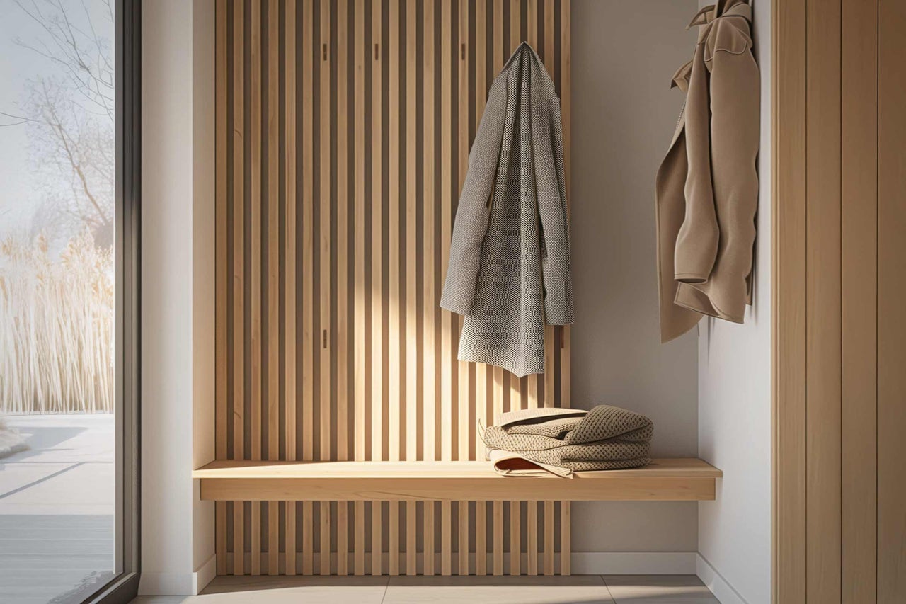 Houten garderobe met zitbank en jassen