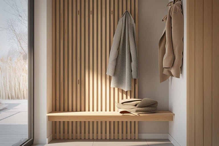 Houten garderobe met zitbank en jassen