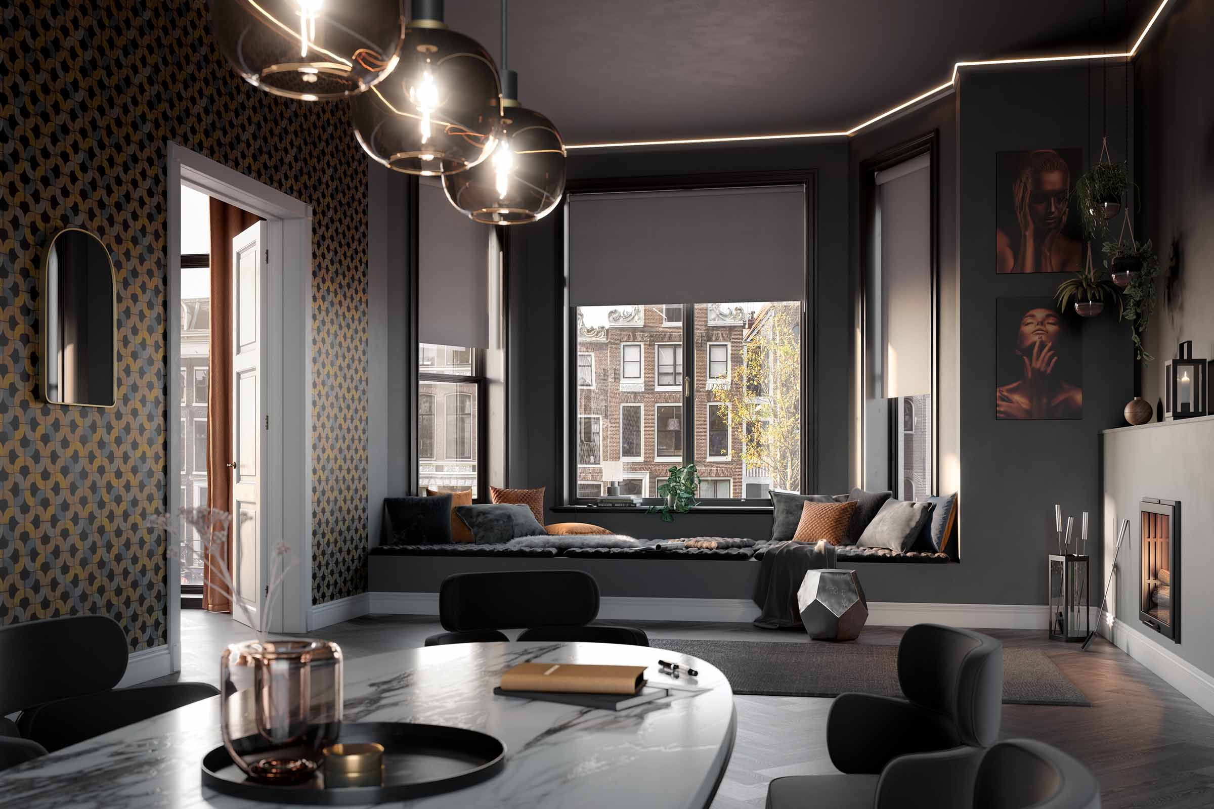 Woonkamer met vensterbank, rolgordijnen en moderne decoratie