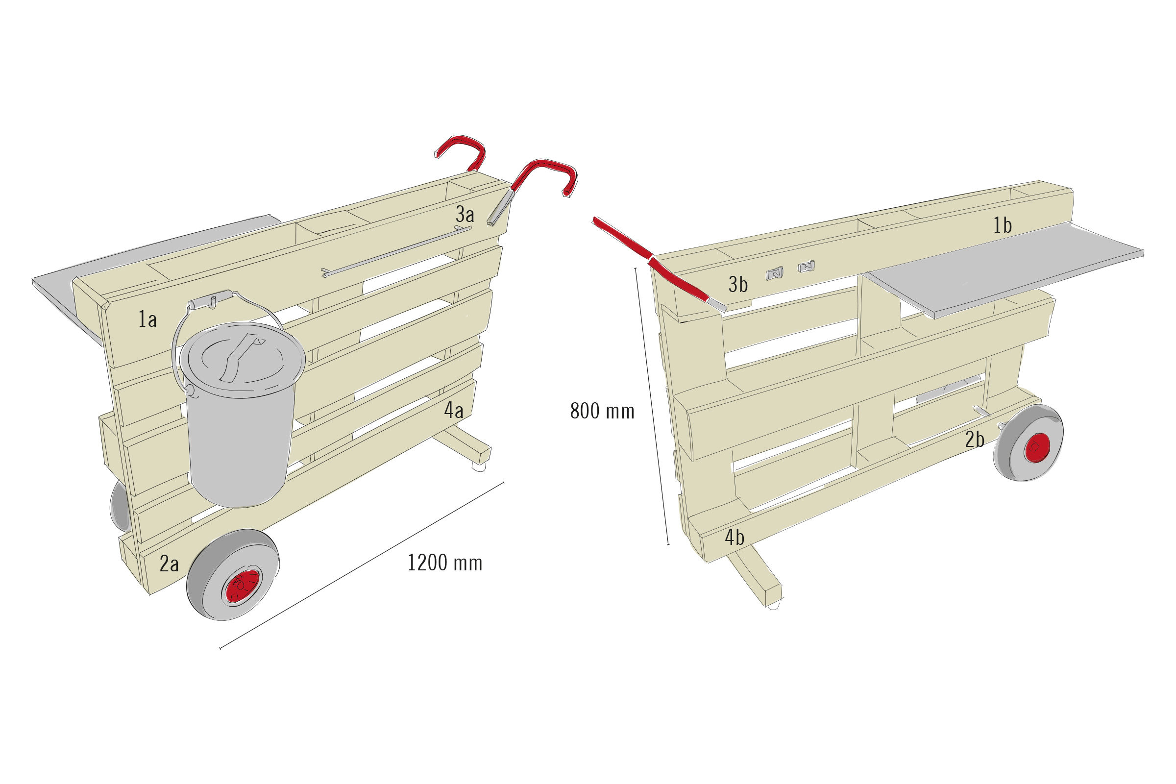 Illustratie van een houten pallet bloembak met wielen, handgrepen en een werkblad met de afmetingen 1200 mm bij 800 mm.