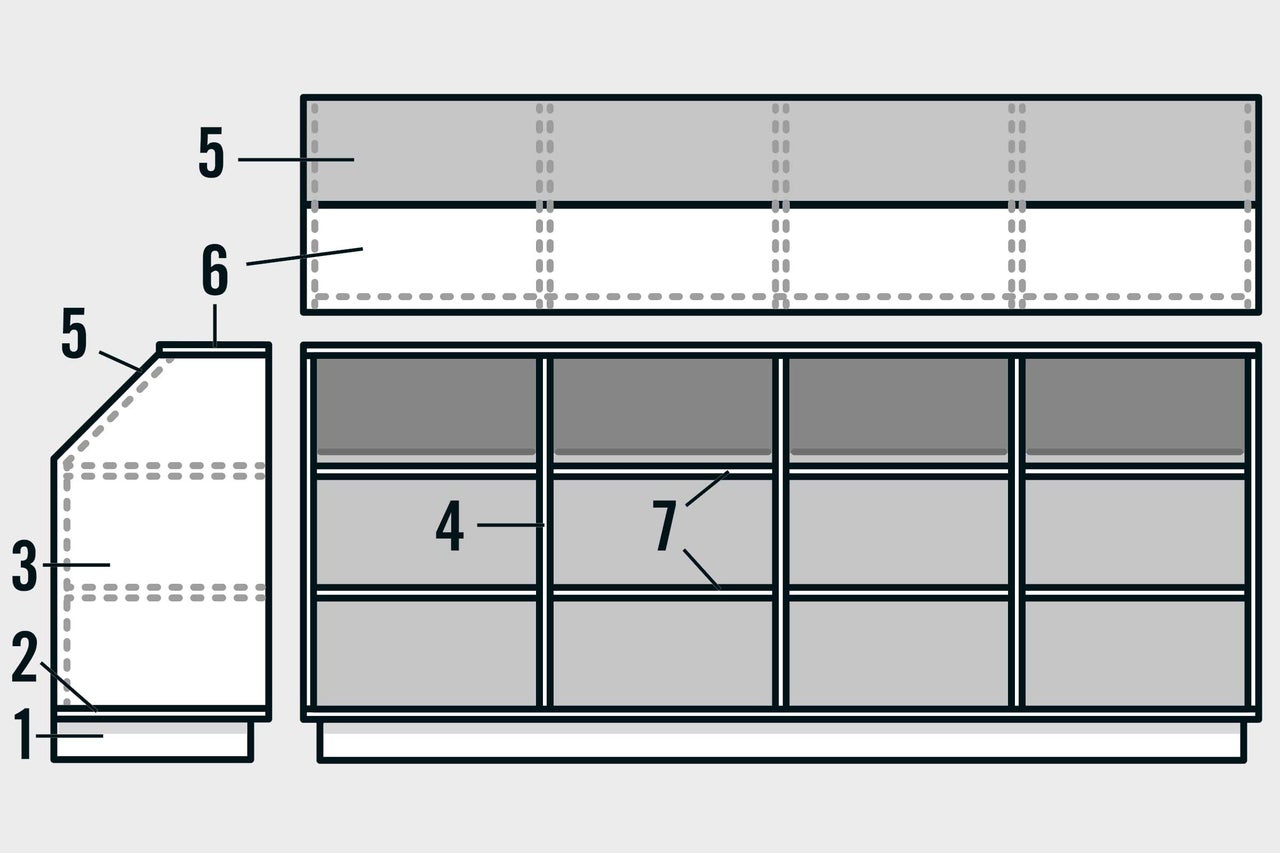 Afbeelding van een plankstructuur met genummerde niveaus voor montage.