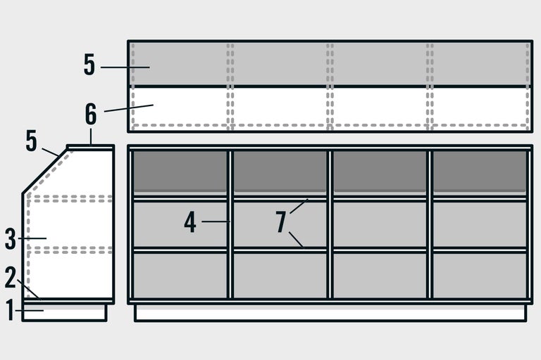 Afbeelding van een plankstructuur met genummerde niveaus voor montage.
