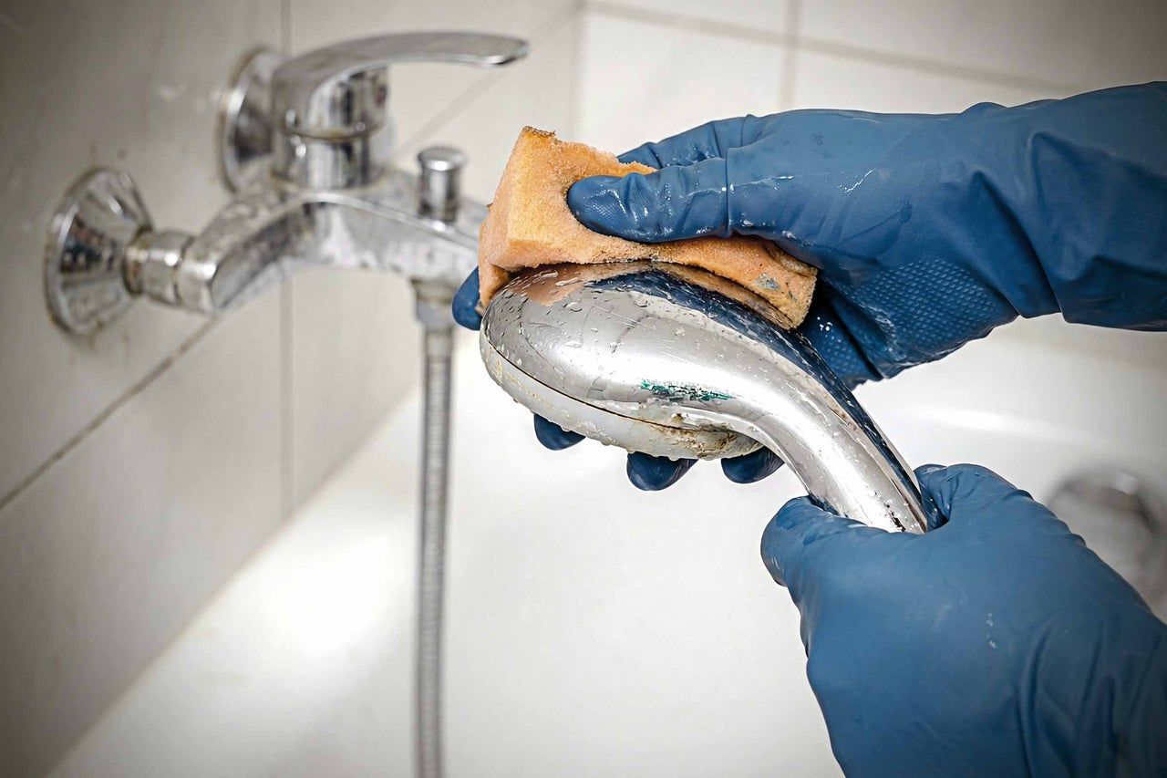 Een persoon met beschermende handschoenen maakt een douchearmatuur schoon met een spons.