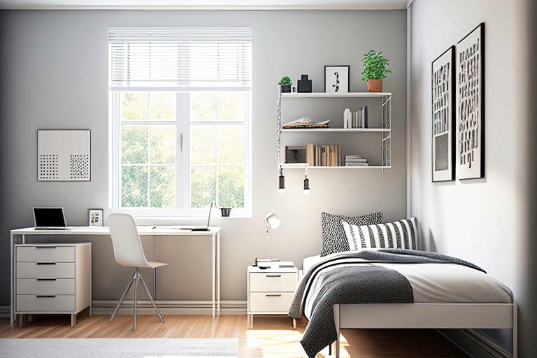 Lichte kamer met bed, bureau en plank