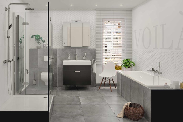 Badkamer met douche, wastafel, spiegelkast, toilet en bad