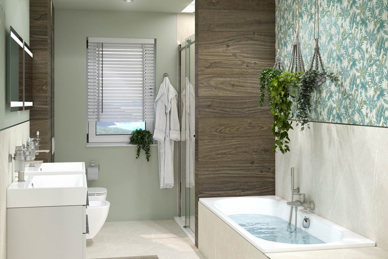 Badkamer met dubbele wastafel, bad, douche en raam