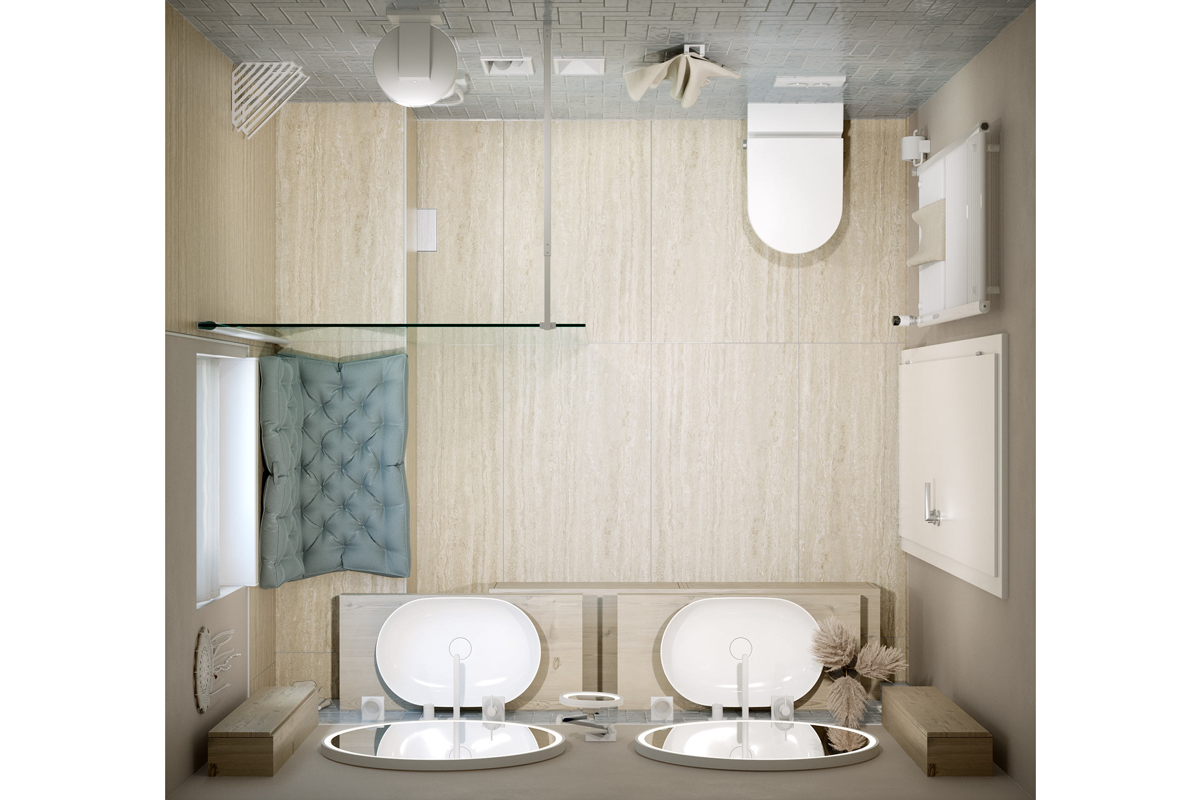 Badkamer met douche, toilet en dubbele wastafel in vogelperspectief