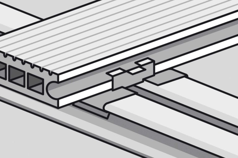 Illustratie van een terrasplank met onderconstructie en bevestigingsclip
