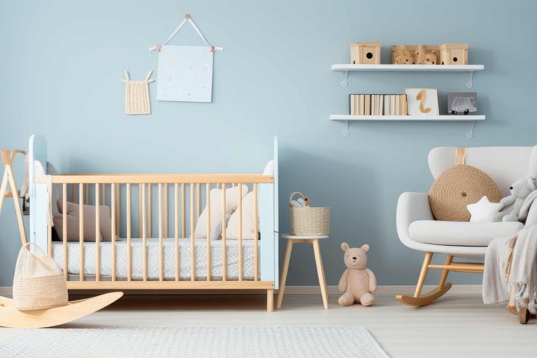 Helder ingerichte kinderkamer met babybed, schommelstoel en planken