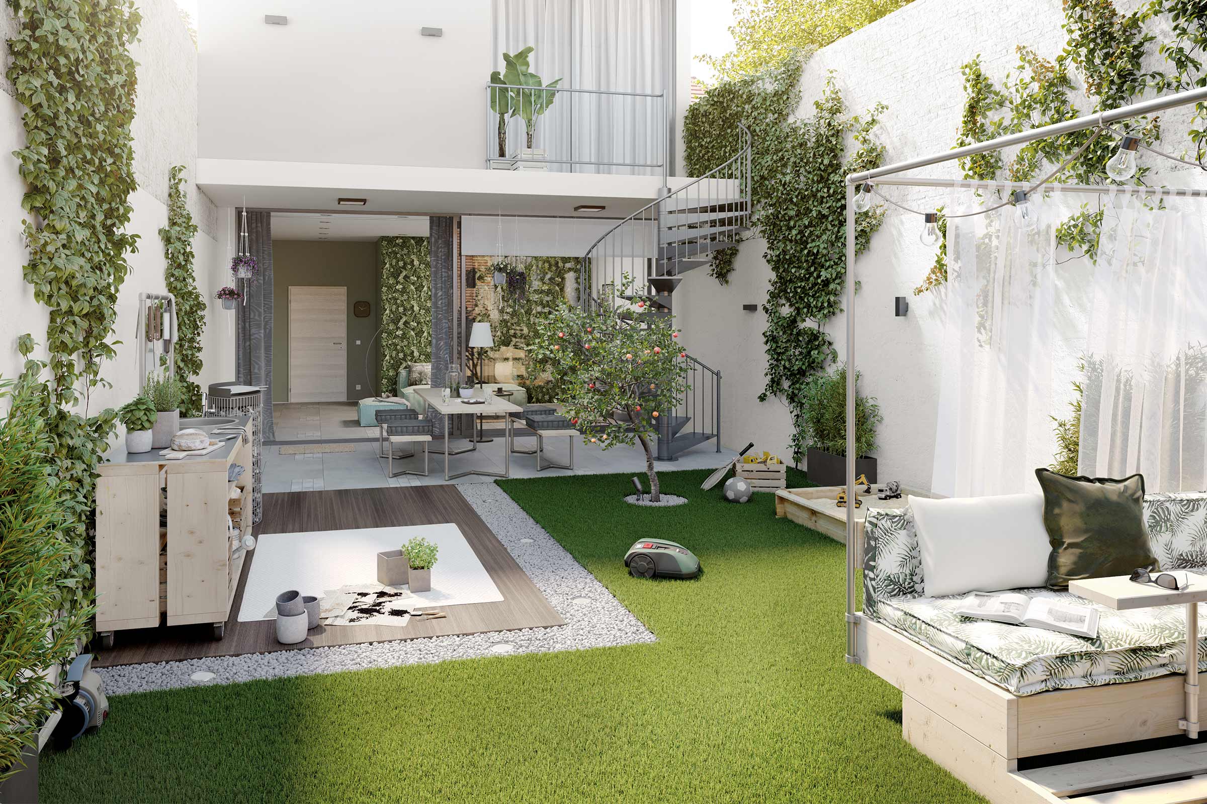 Aangelegde tuin met gazon, tuinmeubilair, zandbak en beplanting op de muren