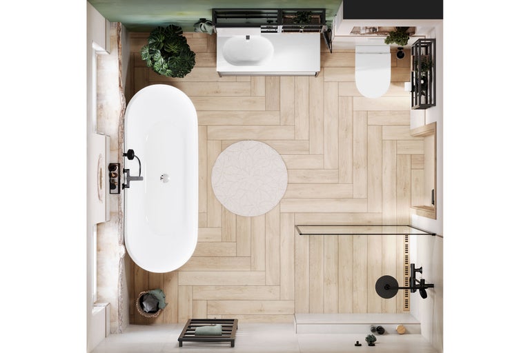 Vogelperspectief van een badkamer met bad, wastafel, toilet en douche