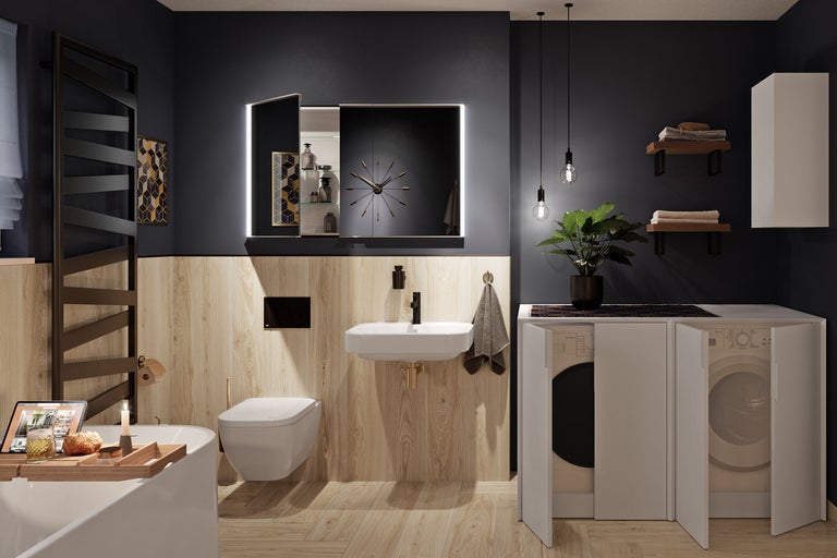 Moderne badkamer met donkerblauwe muren, houten lambrisering, hangend toilet, wastafel, spiegelkast en geïntegreerde wasmachinekast.