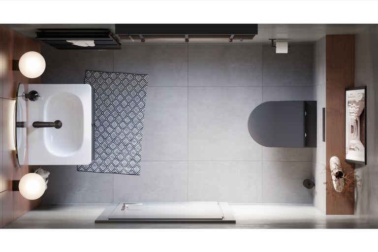 Vogelperspectief van een badkamer met wastafel, toilet, douchebak en badmat