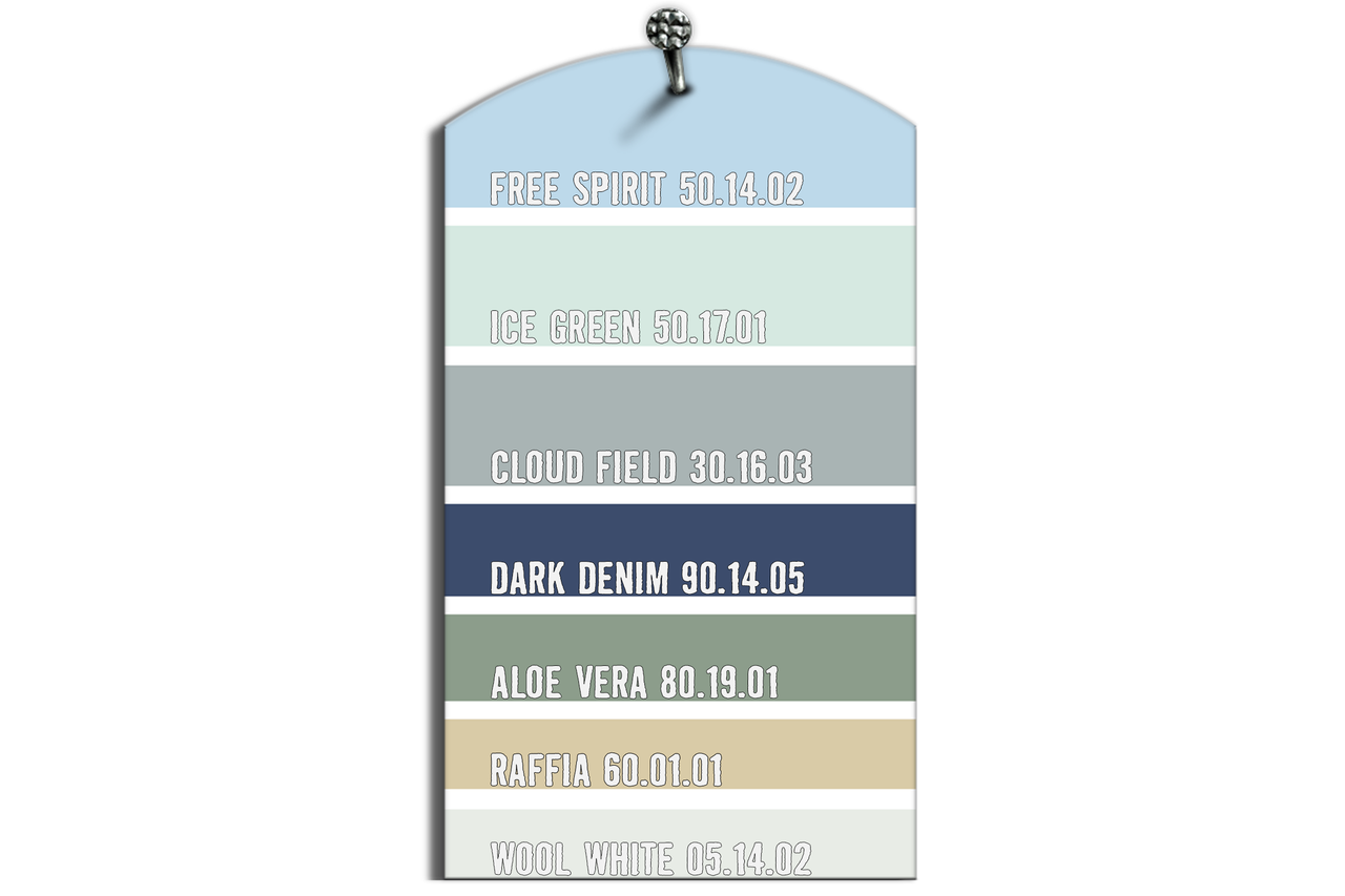 Kleurenwaaier met verschillende kleurtinten: Free Spirit, Ice Green, Cloud Field, Dark Denim, Aloë Vera, Raffia, Wool White
