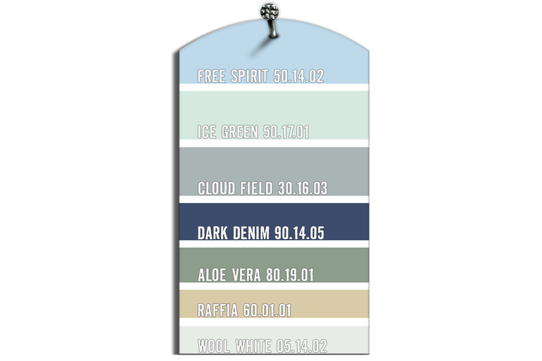 Kleurenwaaier met verschillende kleurtinten: Free Spirit, Ice Green, Cloud Field, Dark Denim, Aloë Vera, Raffia, Wool White