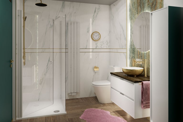 Moderne badkamer met douche, toilet, wastafel en spiegel