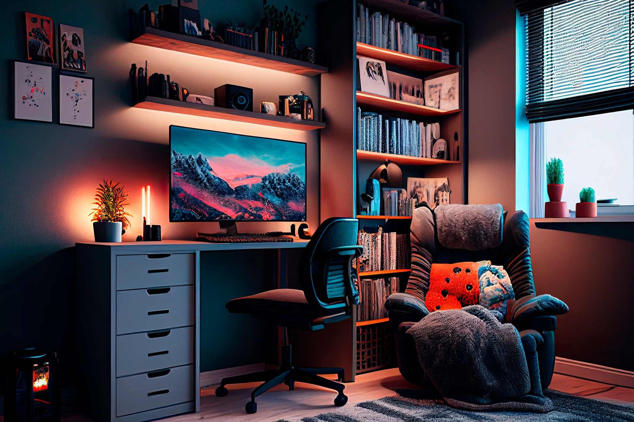 Lichte studeerkamer met bureau, bureaustoel, planken en comfortabele fauteuil