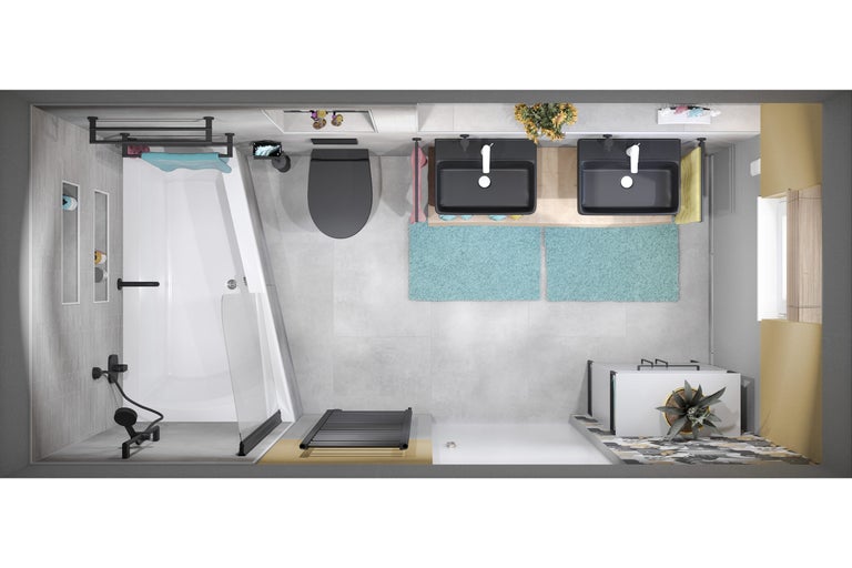 Vogelperspectief van een badkamer met bad, toilet, wastafel en badmeubels