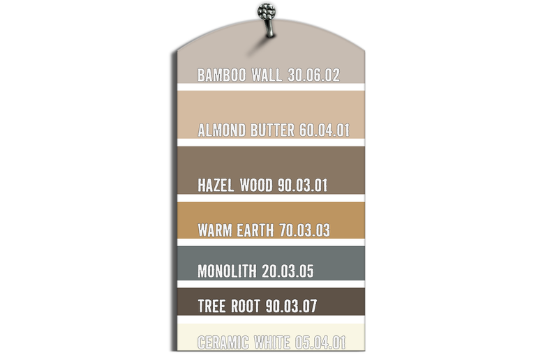 Kleurenkaart met verschillende tinten voor interieurs, van lichtbeige tot donkerbruin, inclusief kleurnamen zoals bamboemuur en hazelnoothout.