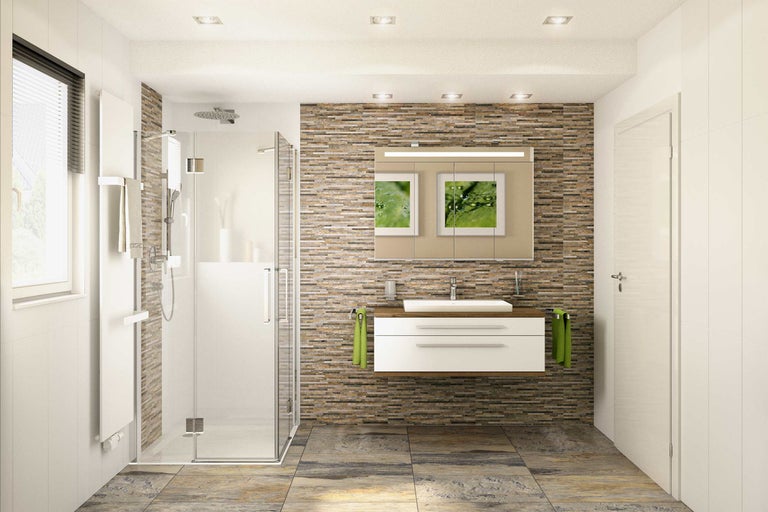 Lichte badkamer met douche, wastafelonderkast, spiegel en stenen muur