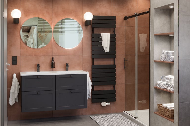 Moderne badkamer met dubbele wastafel, radiator, spiegels en douche
