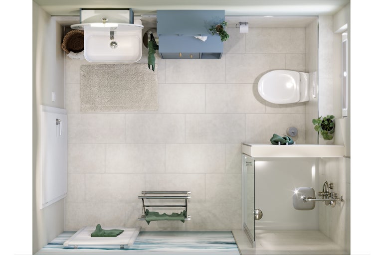 Badkamer met wastafel, toilet, douche en badkamerradiator in een heldere en vriendelijke sfeer.