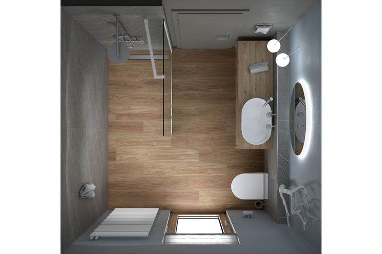 Bovenaanzicht van een moderne badkamer met inloopdouche, houten wastafelmeubel, ovale wastafel, verlichte spiegel en vloer in houtlook.