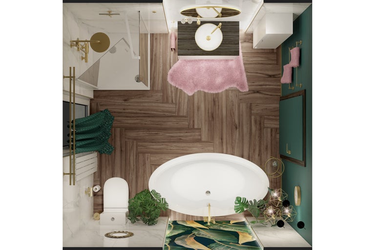 Bovenaanzicht van een moderne badkamer met vrijstaand bad, douche, houtlook vloer in visgraatmotief, gouden kranen en groene wanden.