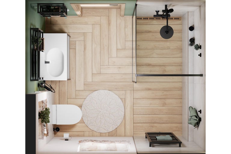 Vogelperspectief van een badkamer met wastafel, toilet en douche