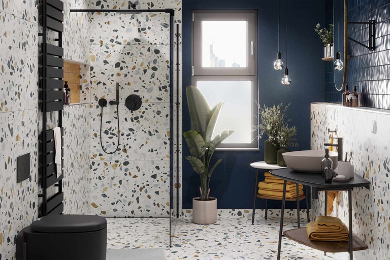 Moderne badkamer met terrazzovloer en -wanden, douche, toilet en wastafel