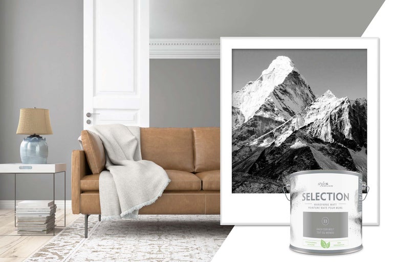Woonkamer met bruine bank, lamp, ingelijst bergmotief en blik Style Color Selection muurverf mat