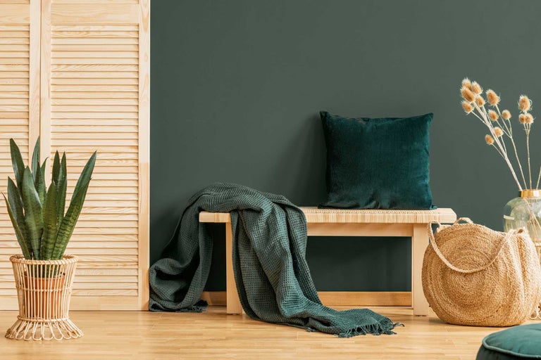 Decoratieve woonsfeer met bank, kussen, deken, plant en gevlochten mand