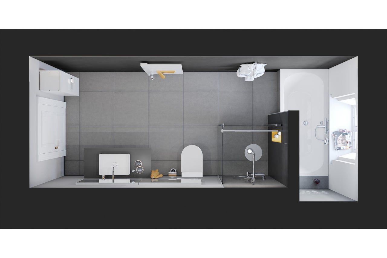 Bovenaanzicht van een badkamer met wastafel, toilet, douche en ligbad