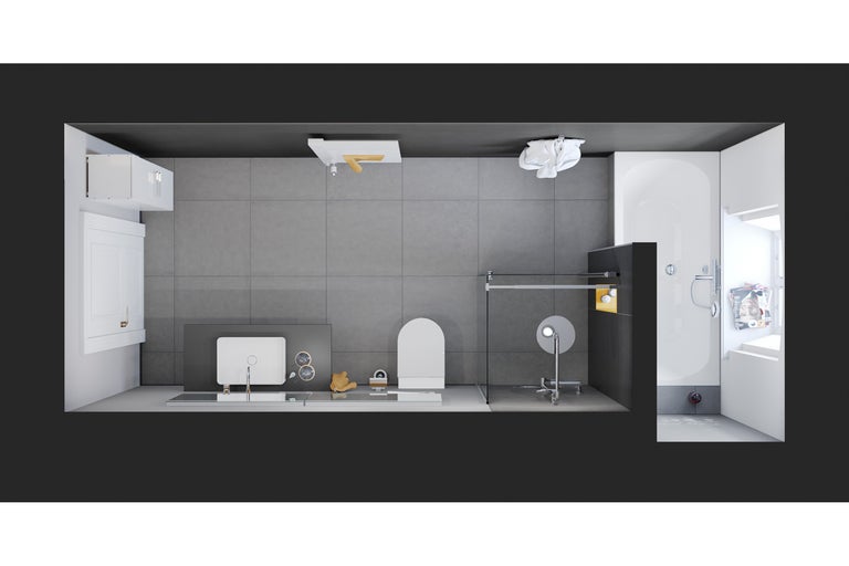 Bovenaanzicht van een badkamer met wastafel, toilet, douche en ligbad