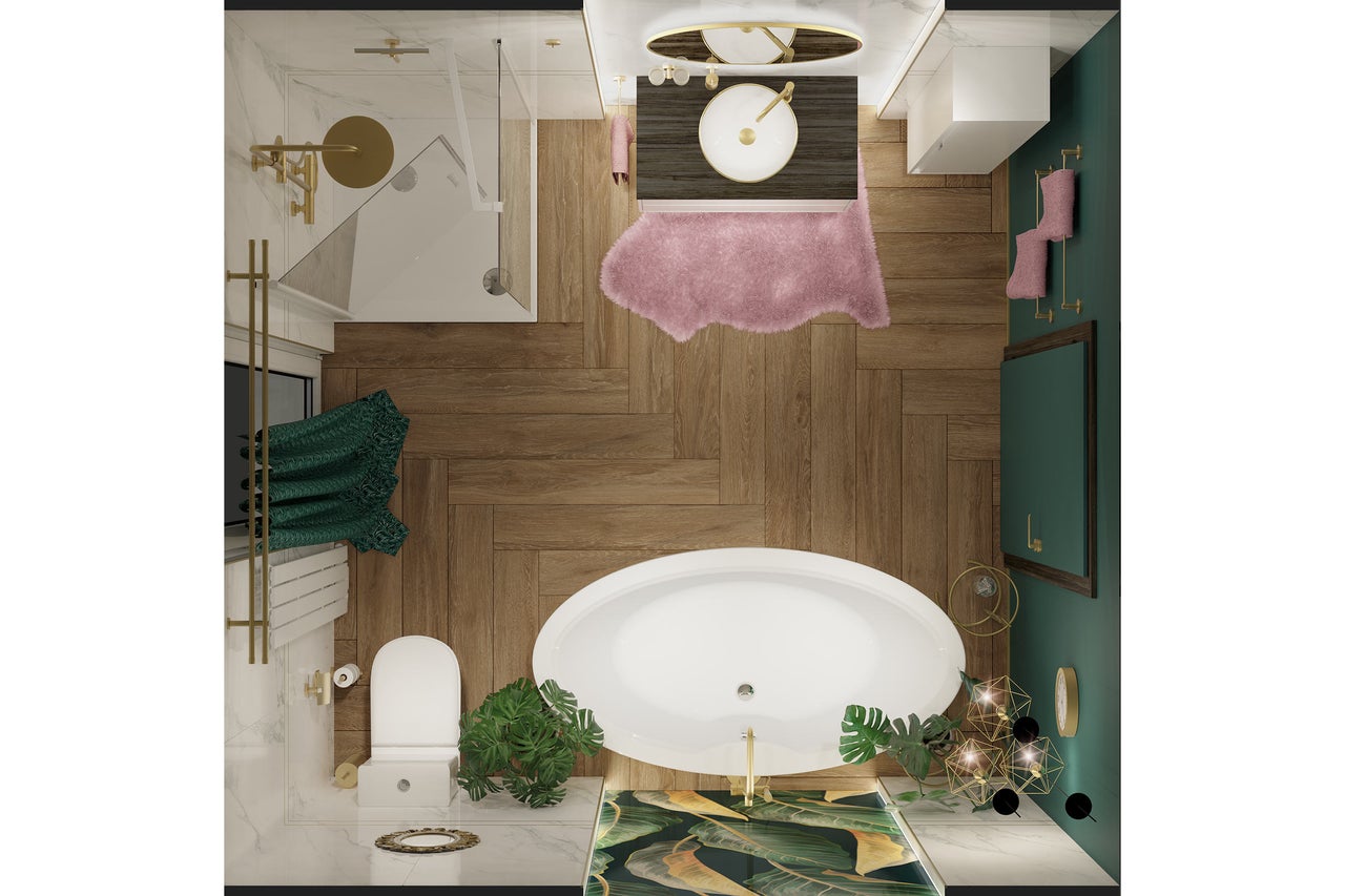 Vogelperspectief van een badkamer met douche, toilet, wastafel, spiegel en decoratie