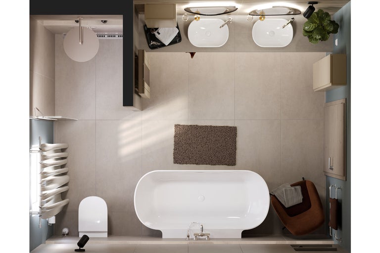 Overzicht van een lichte badkamer met bad, wastafels en douche