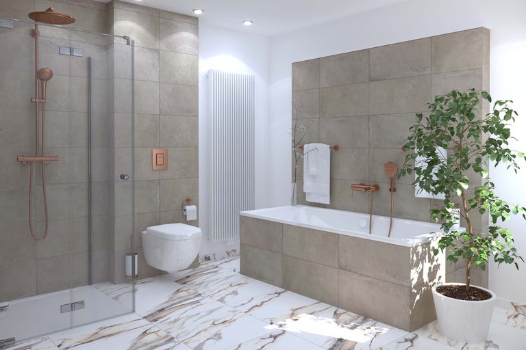 Badkamer met douche, toilet, bad, radiator en plant