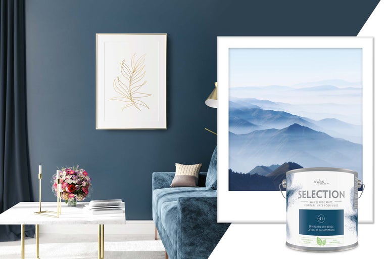 Woonkamer met blauw geschilderde muur en Style Color Selection verfblik