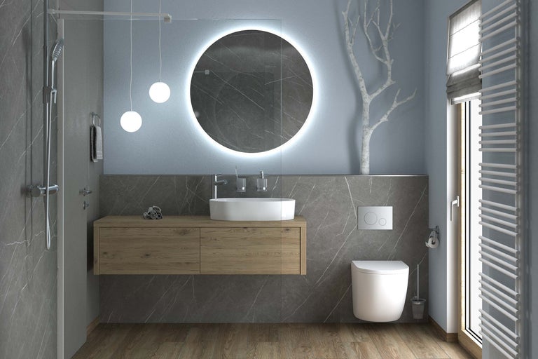 Moderne badkamer met wastafel, spiegel, toilet en radiator