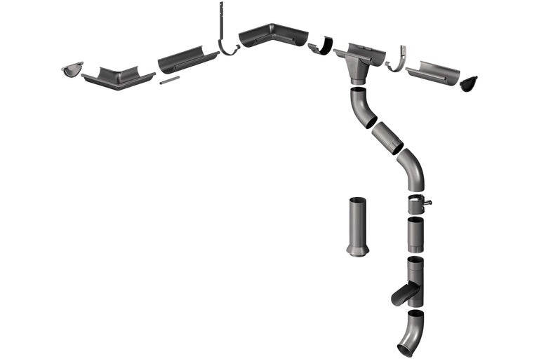Complete dakgootset met verschillende componenten voor dakontwatering