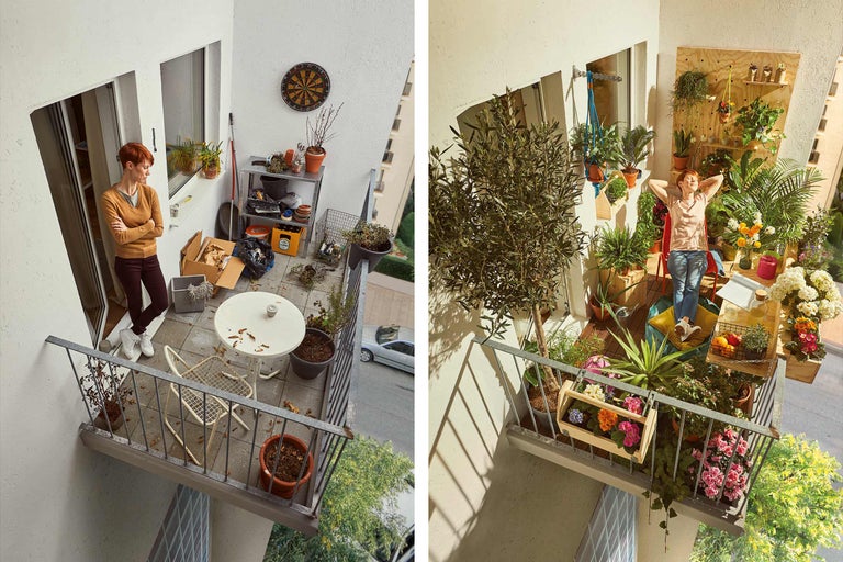 Voor en na uitzicht van een balkon, getransformeerd van rommelig naar een groen toevluchtsoord
