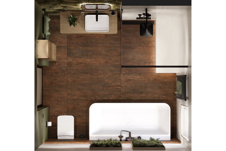 Bovenaanzicht van een moderne badkamer met roestbruine vloertegels, vrijstaand bad, inloopdouche, wastafel en toilet.