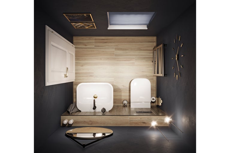 Moderne badkamer met toilet, wastafel, wandklok en houten bekleding.