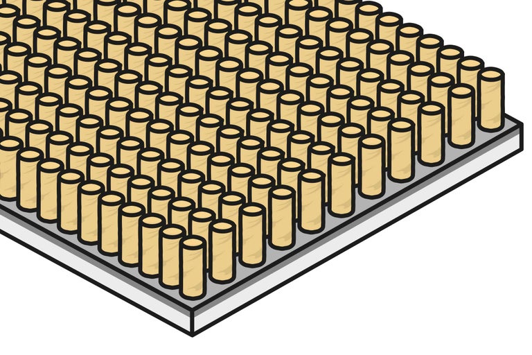 Illustratie van een plaat met veel cilindrische deuvels