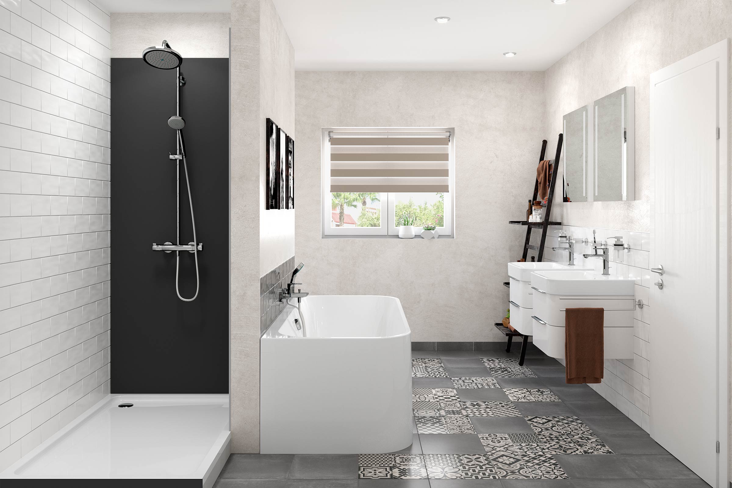 Lichte badkamer met douche, bad en dubbele wastafel.