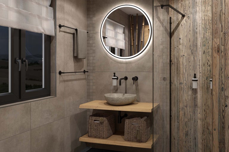 Moderne badkamer met wastafel, spiegel met verlichting, handdoekhouder en houten elementen.